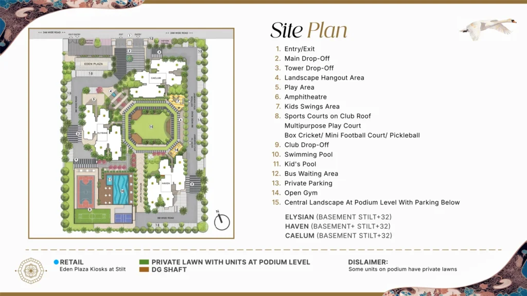 Eldeco Echoes of Eden site plan showing the planned podium, towers and amenities