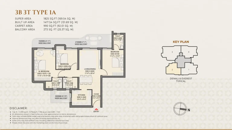 Eldeco 7 Peaks Residences 3 BR + 3T · Type 1A floor plan preview