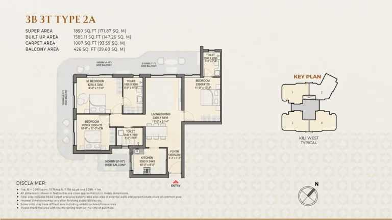 Eldeco 7 Peaks Residences 3 BR + 3T · Type 2A floor plan preview