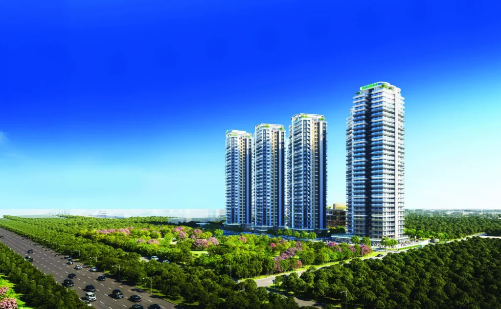 Artistic impression of Eldeco 7 Peaks residential towers with landscaped setting